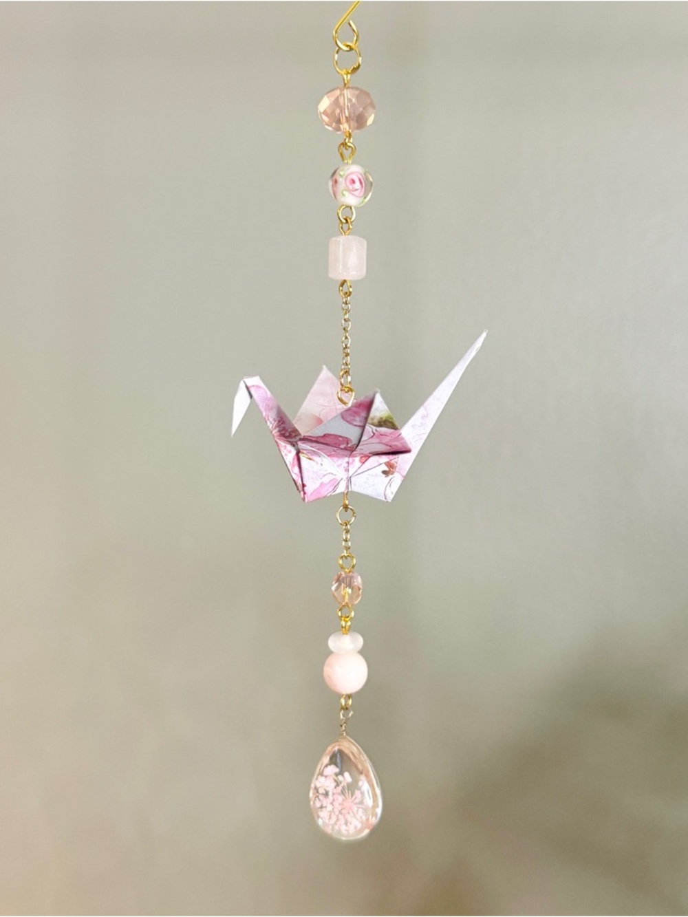 Origami Ornament #2468 - Small Crane with Repurposed Flower Pendant
